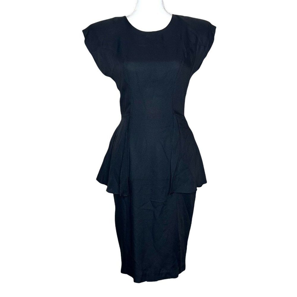 Vintage Laine Peplum Knee Length Dress Cap Sleeves Black Keyhole Size 8?